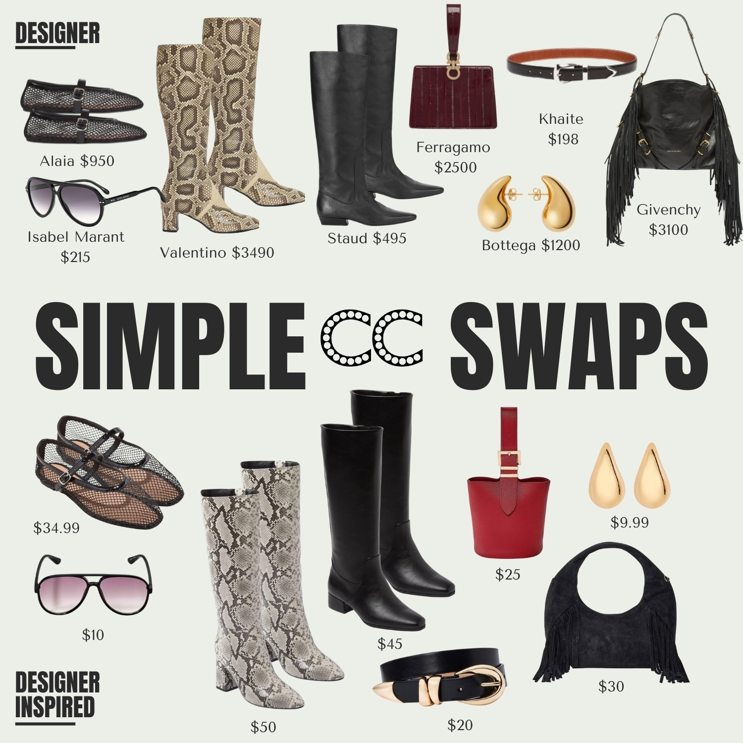 You'll never regret investing in a well-chosen designer accessory. A beautiful bag or signature sunglasses will be part of your wardrobe forever. The styles don't have to be "classic", but they should always mimic your personal style. I love using designer inspired accessories to try a trend or as place holders for my bucket list brands.

* Designer Total (top row): $12,148
* Designer-Inspired Total (bottom row): $224.98
✨ That’s a savings of $11,923.02 for looks that give you the same vibe!