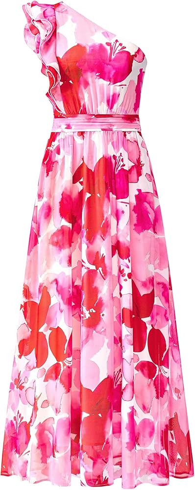 BTFBM Women Summer One Shoulder Floral Wedding Guest Dresses Sleeveless Smocked Ruffle Flowy Beac... | Amazon (US)