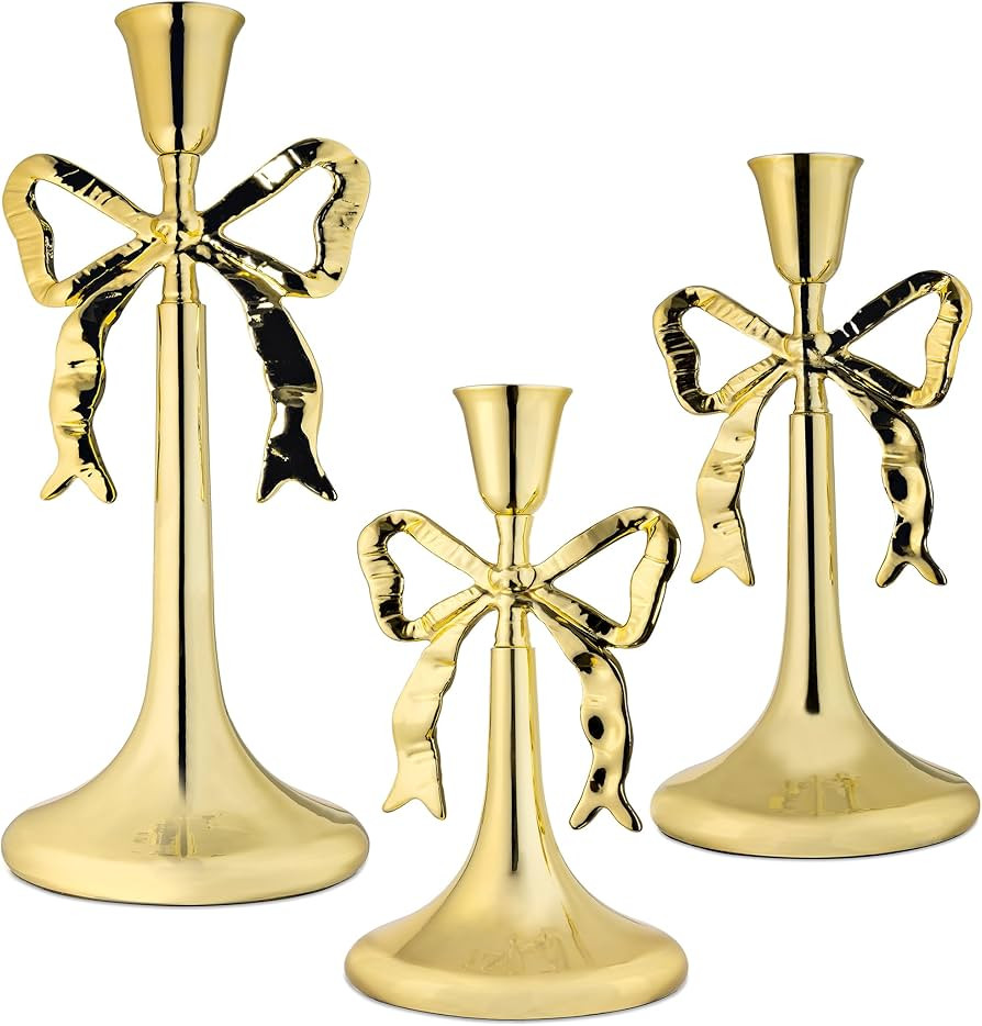 Iris Bow Candle Holders Set of 3, Gold Taper Candlestick Holders, Vintage Decor Perfect for Home ... | Amazon (US)