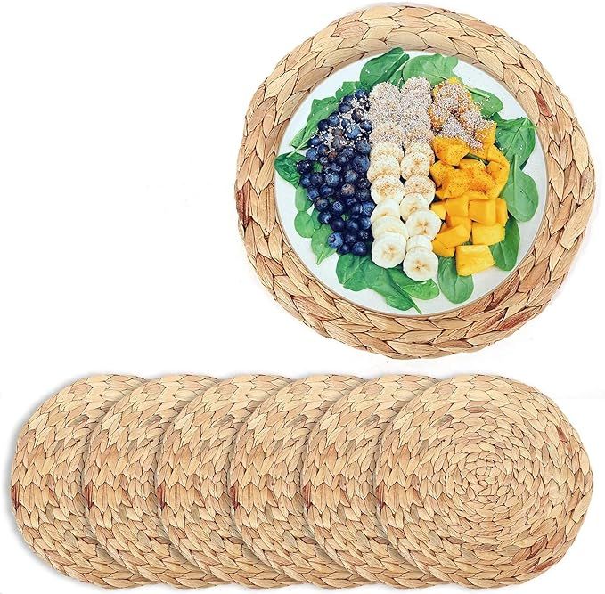 6 Pack Woven Placemats,Natural Water Hyacinth Weave Placemat Round Braided Rattan Tablemats 13.8... | Amazon (US)