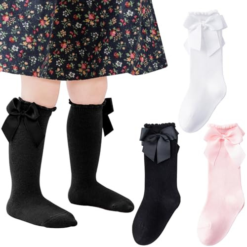 Mini angel Baby Knee High Socks Toddler Long Socks Girls Bow Ruffled Knee Socks Cotton Tube Stockings Infant Dress Socks, 0-6 Months (Black White Pink, 3 Pairs) | Amazon (US)