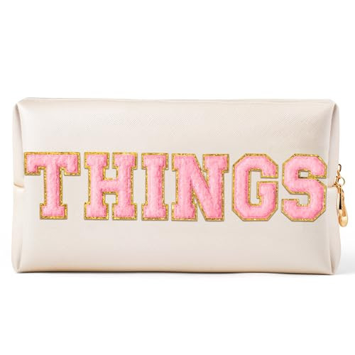 Y1tvei Large THINGS Cosmetic Bag - Preppy Pink Things Chenille Varsity Letter Makeup Bag, Leather Waterproof Toiletry Bag Zipper Pouch for Purse Travel Cosmetic Organizer Gift for Women(Shell Gold) | Amazon (US)