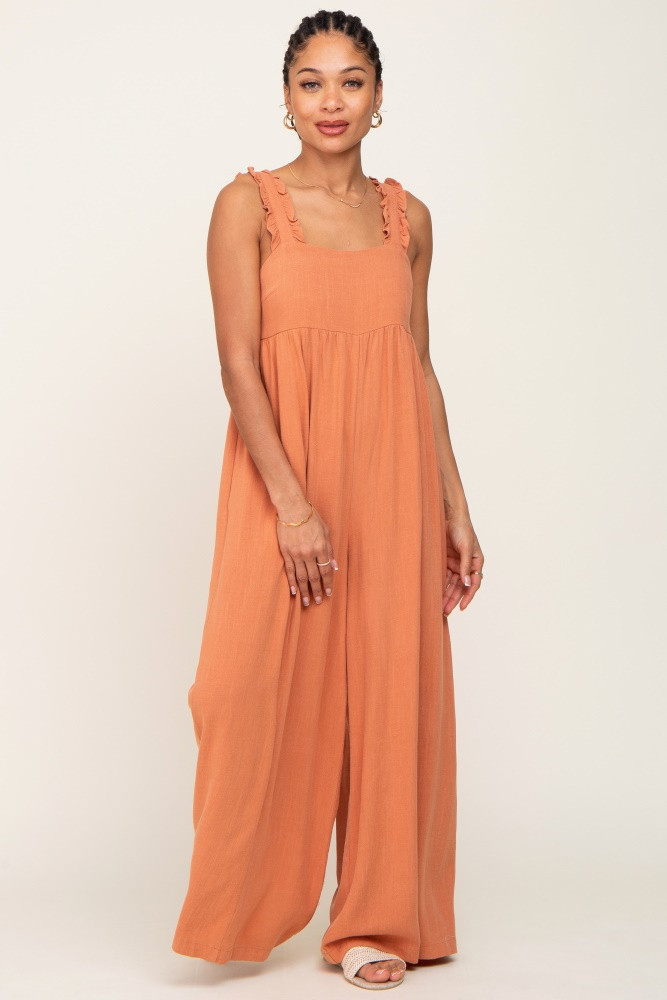 Rust Ruffle Trim Back Tie Jumpsuit | PinkBlush Maternity
