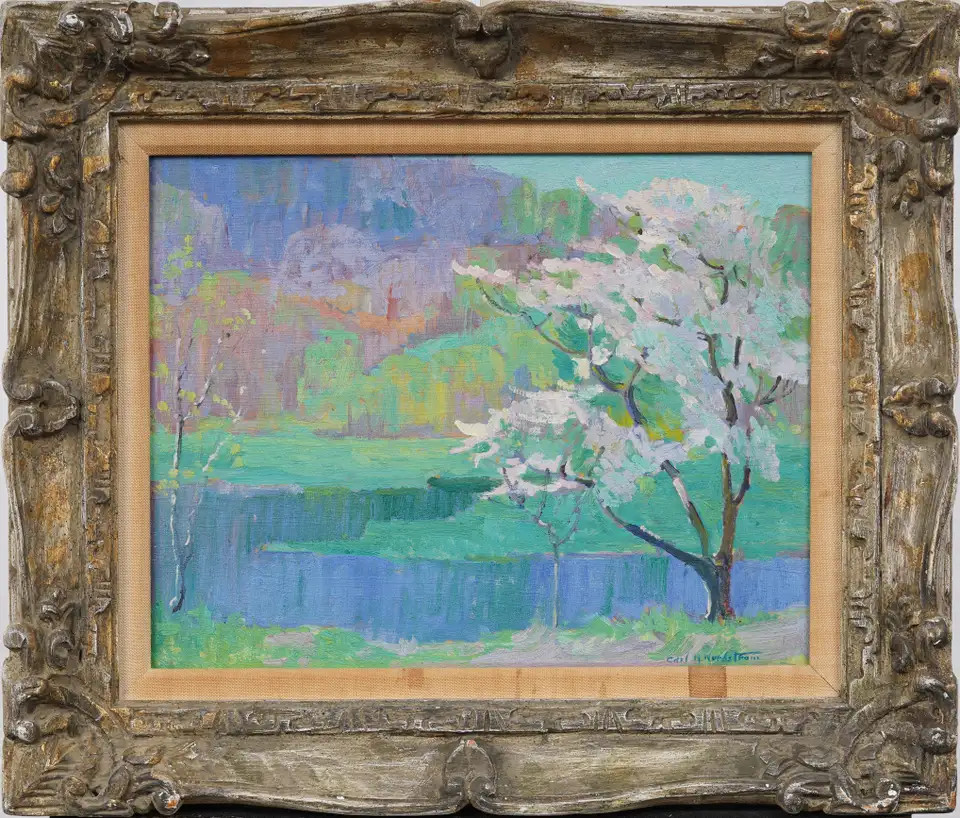Carl Harold Nordstrom Antique American Impressionist Spring Blossom River Valley Framed Oil Lands... | 1stDibs
