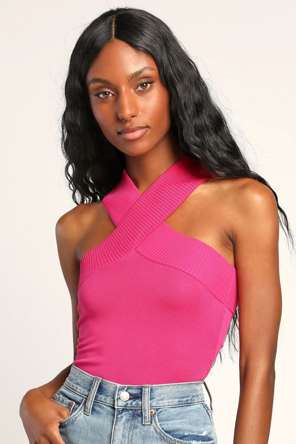 Don't Cross Me Hot Pink Sweater Knit Sleeveless Bodysuit | Lulus (US)