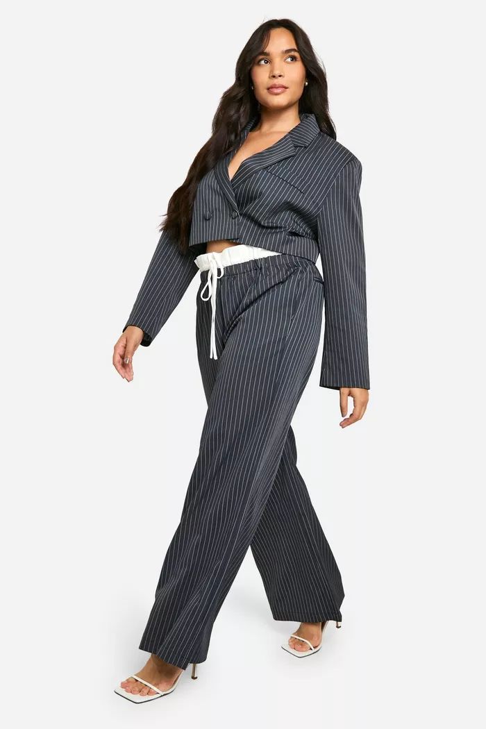 Plus Pinstripe Boxer Waistband Drawstring Wide Leg Pants | boohoo (US & Canada)