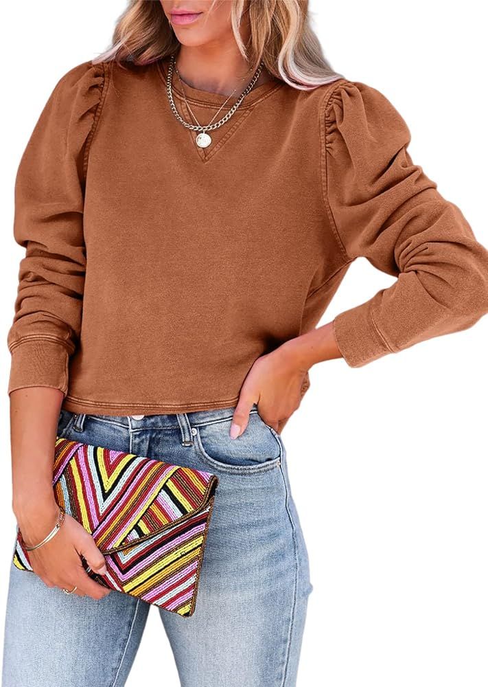 Dokotoo Womens Casual Cropped Sweatshirts Puff Sleeve Crop Pullover Crewneck Cute Tops | Amazon (US)