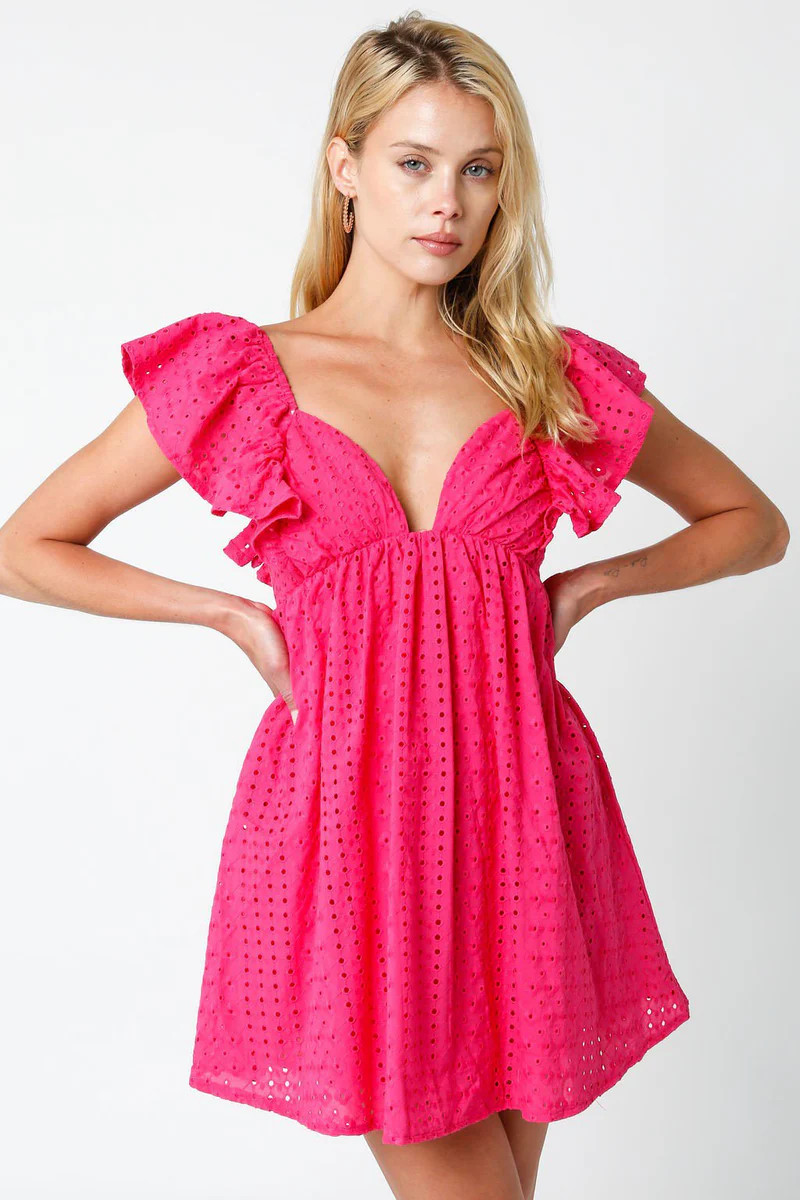 Ramona Fuchsia Eyelet Mini Dress | Boho Pink
