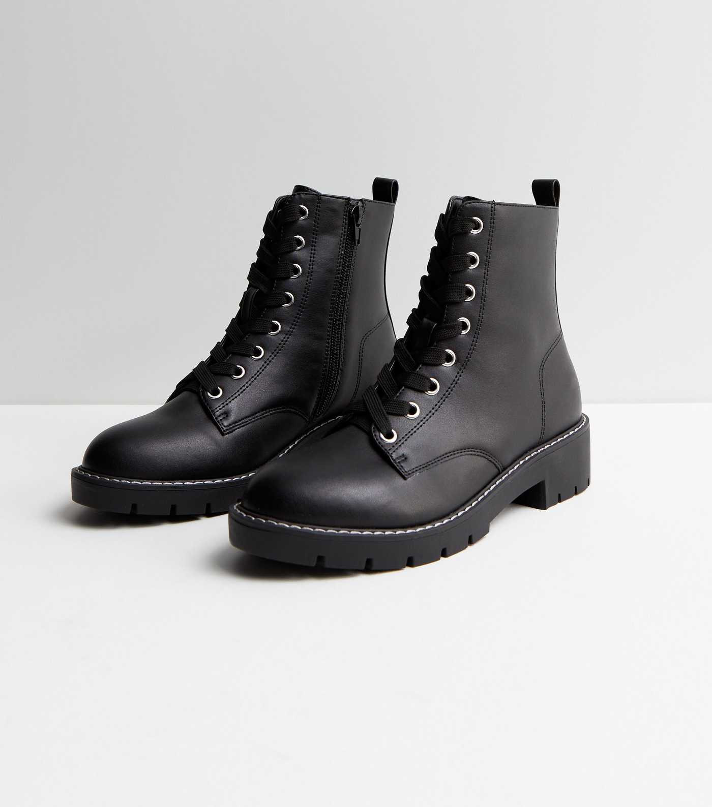 Wide Fit Black Leather-Look Contrast Stitch Lace Up Biker Boots | New Look | New Look (UK)