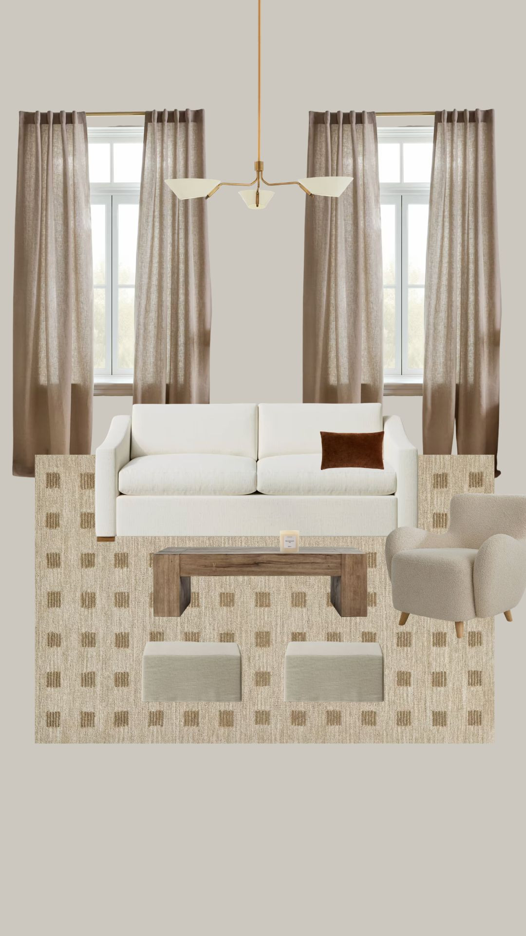 Quince is one of my favorite places to find super high quality, designer pieces, at a fraction of the cost. 

Ie, the rug is 100% wool. The couch is down filled. The ottomans & curtains are 100% european linen. 

Investment pieces that will last for years. 

 