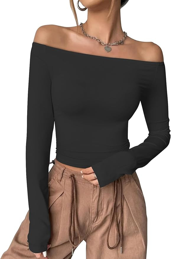 Womens Off The Shoulder Tops Long Sleeve Basic T Shirts Going Out Cute Y2K Fall Fashion 2024 | Amazon (US)