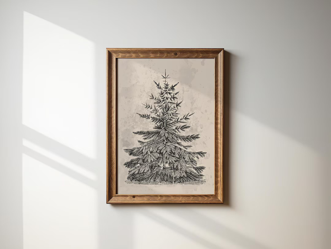 Antique Christmas Pine Tree Sketch Cottage Core Decor Christmas Downloadable Print Print on Deman... | Etsy (US)