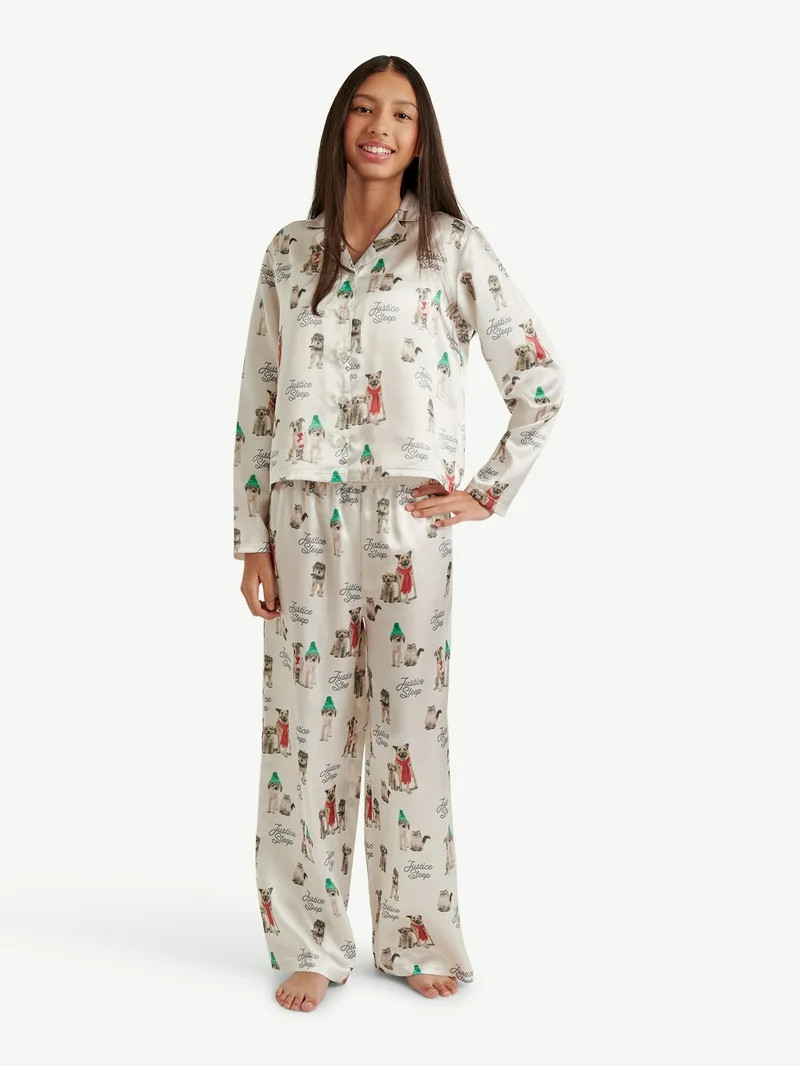 Justice Girls Long Sleeve Notch Collar Sleep Top and Sleep Pants, 2-Piece, Sizes 4-18 | Walmart (US)