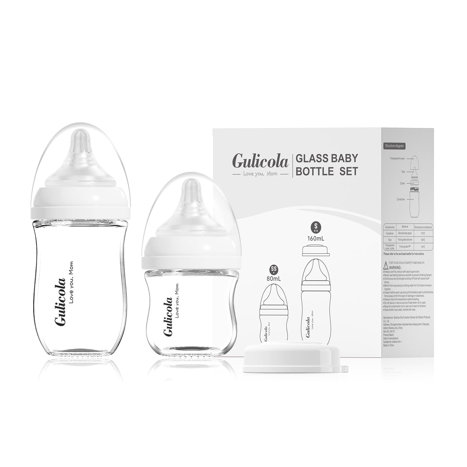 Natural Glass Baby Bottle Newborn Set, 3 oz and 5 oz with Extra Slow Flow & Slow Flow Nipple, Anti Colic, 0-3 Months, 2 Pack - White | Amazon (US)