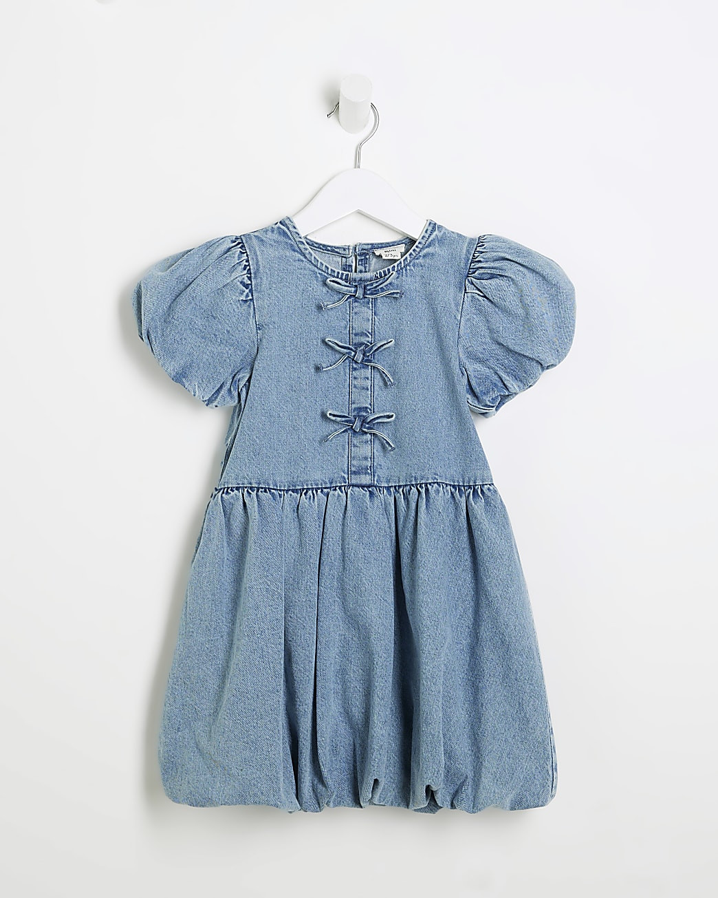 Mini Girls Blue Denim Bow Bubble Hem Dress | River Island UK & IE