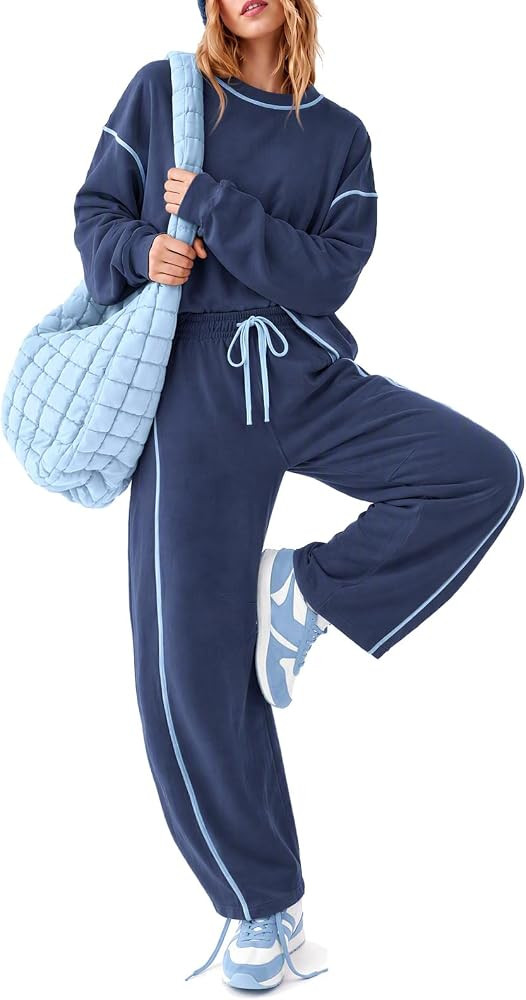 EXLURA Women Fall Cotton 2 Piece Sets Side Split Tops Matching Barrel Pants | Amazon (US)