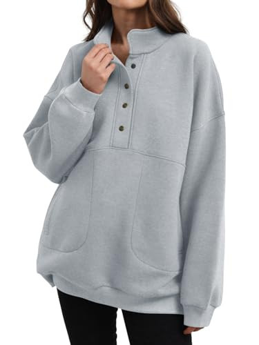 Fisoew Women's Oversized Sweatshirts Fleece Long Sleeve Half Button Casual Pullover Tops With Pockets Light Grey | Amazon (US)