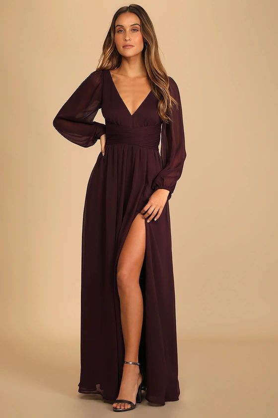 Enchant My Love Dark Purple V-Neck Long Sleeve Maxi Dress | Lulus