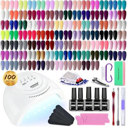 JODSONE 100 Bottles Of Gel Nail Polish Kit With U V Led Light 95 Multiple Glossy Glitter Colors Mint Green Light Pink Nail Gel Base Coat Glossy And Ma | SHEIN