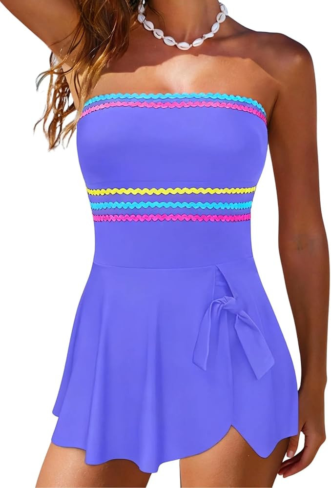 popvil Strapless One Piece Swimsuits for Women 2026 Tummy Control Swim Dress Bandeau Bathing Suit... | Amazon (US)