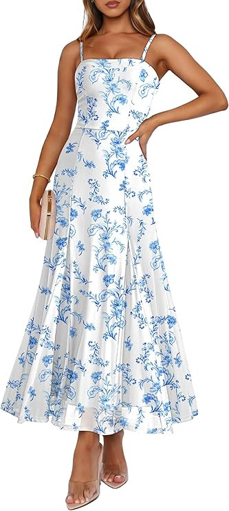 Caracilia Maxi Dresses for Women Formal Mesh Spaghetti Strap Cocktail Wedding Guest Party Floral ... | Amazon (US)