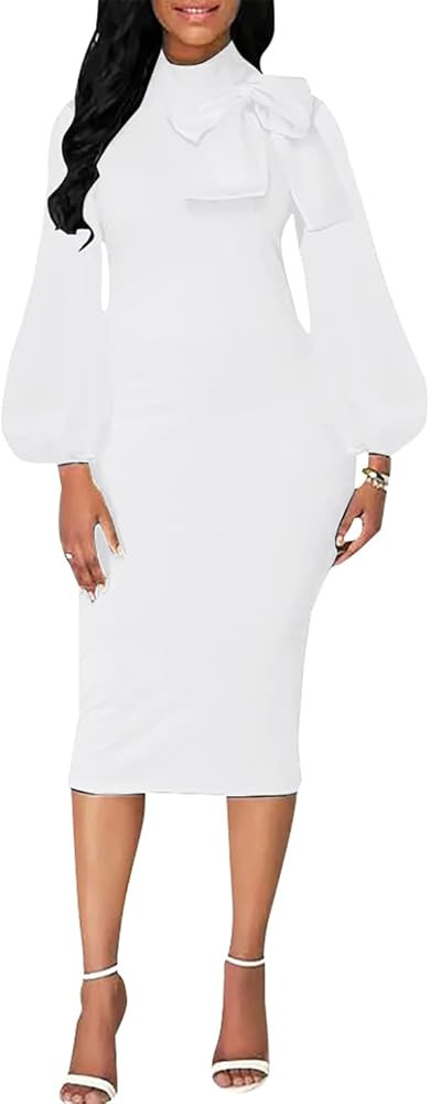 Sexy Long Sleeve Dress for Women Solid Color Bow Knot Turtleneck Formal Gown Midi Casual Church D... | Amazon (US)