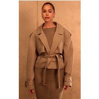 PLT Label Taupe Belt Detail Cropped Trench Coat | PrettyLittleThing UK