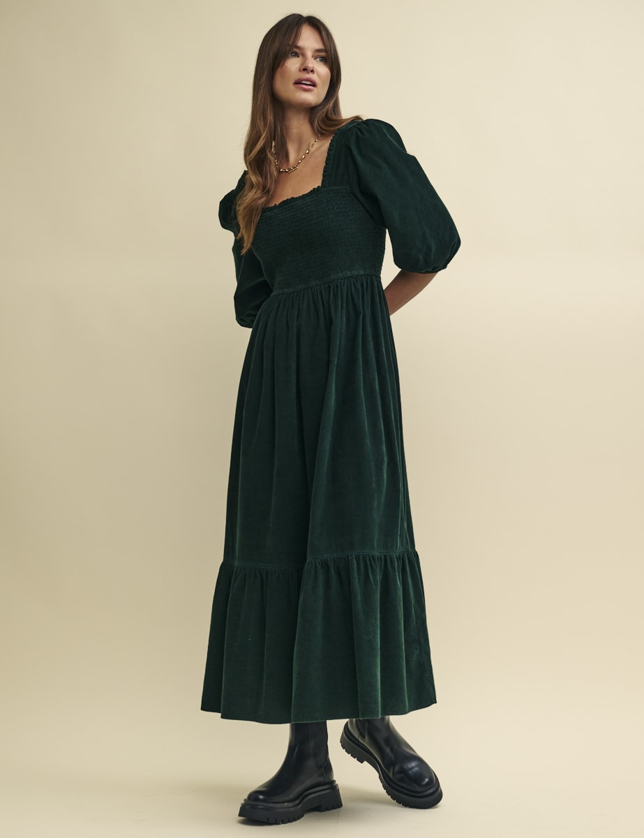 Green Cord Smock Elsa Midi Dress | Nobody's Child