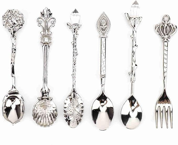6Pcs Vintage Coffee Spoons, Retro Small Dessert Spoons and Fork with Carved Decorative Handle, Zi... | Amazon (US)