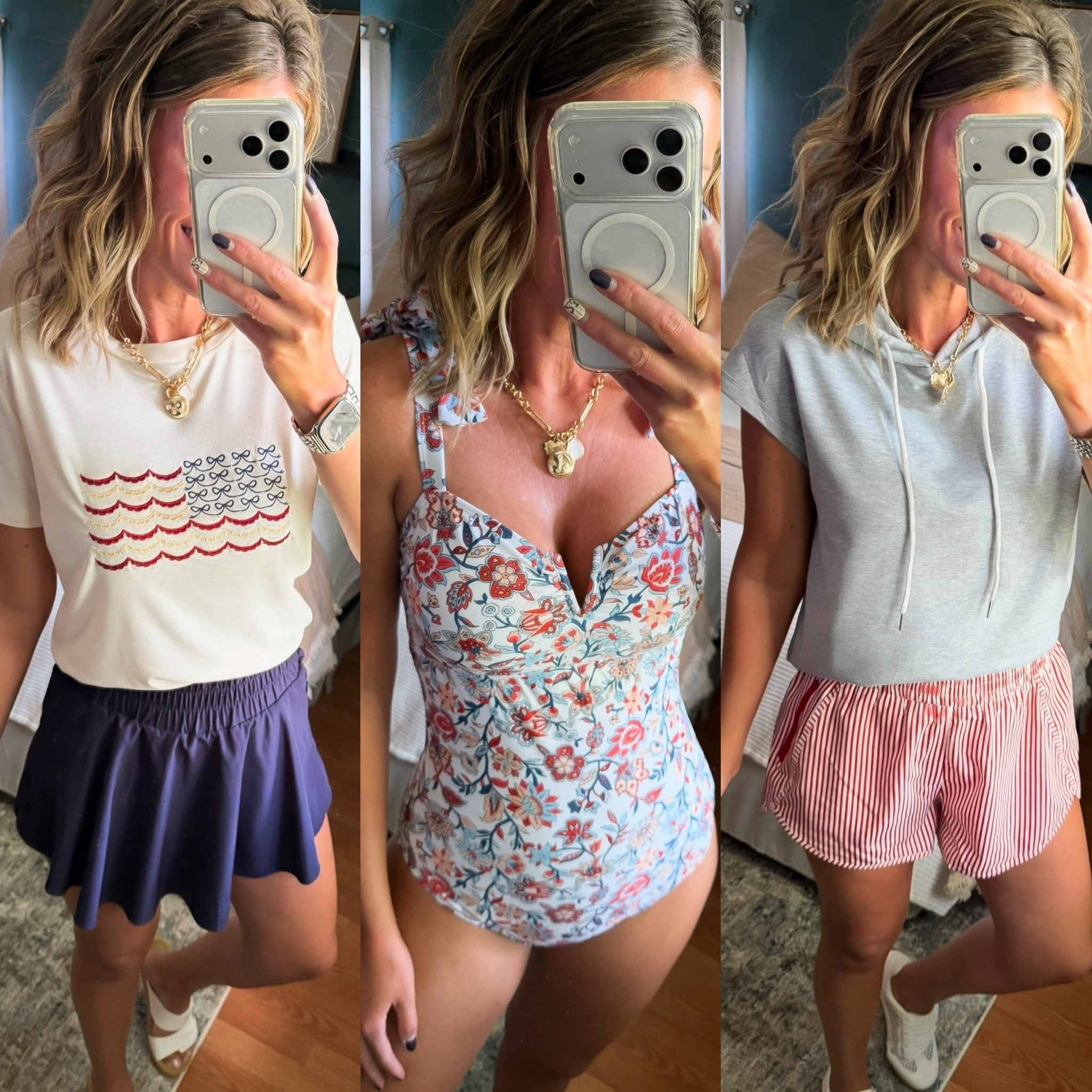 A few more ❤️🤍💙 finds. 
Tee/ small
Skort/ medium
Suit/ medium
Hoodie/ small
Shorts / medium

#LTKSeasonal #LTKOver40 #LTKmomlife