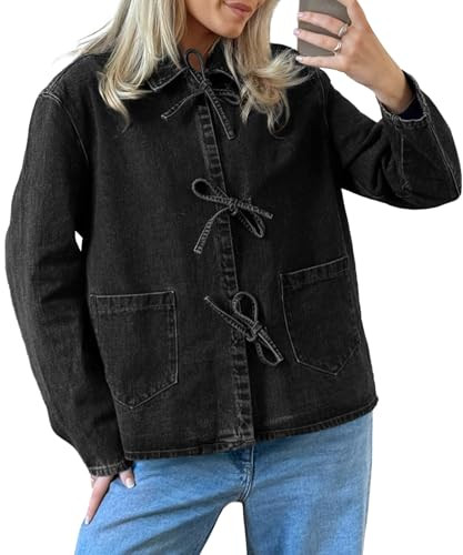 PLNOTME Womens Denim Jackets Casual Loose Fit Tie Front Tops Fashion Jean Coat with Pockets | Amazon (US)