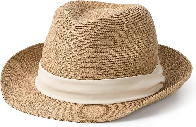 Straw Fedora Sun Hats for Women Men Summer Sun Beach Hat Packable Short Brim Roll Up Straw Panama... | Amazon (US)