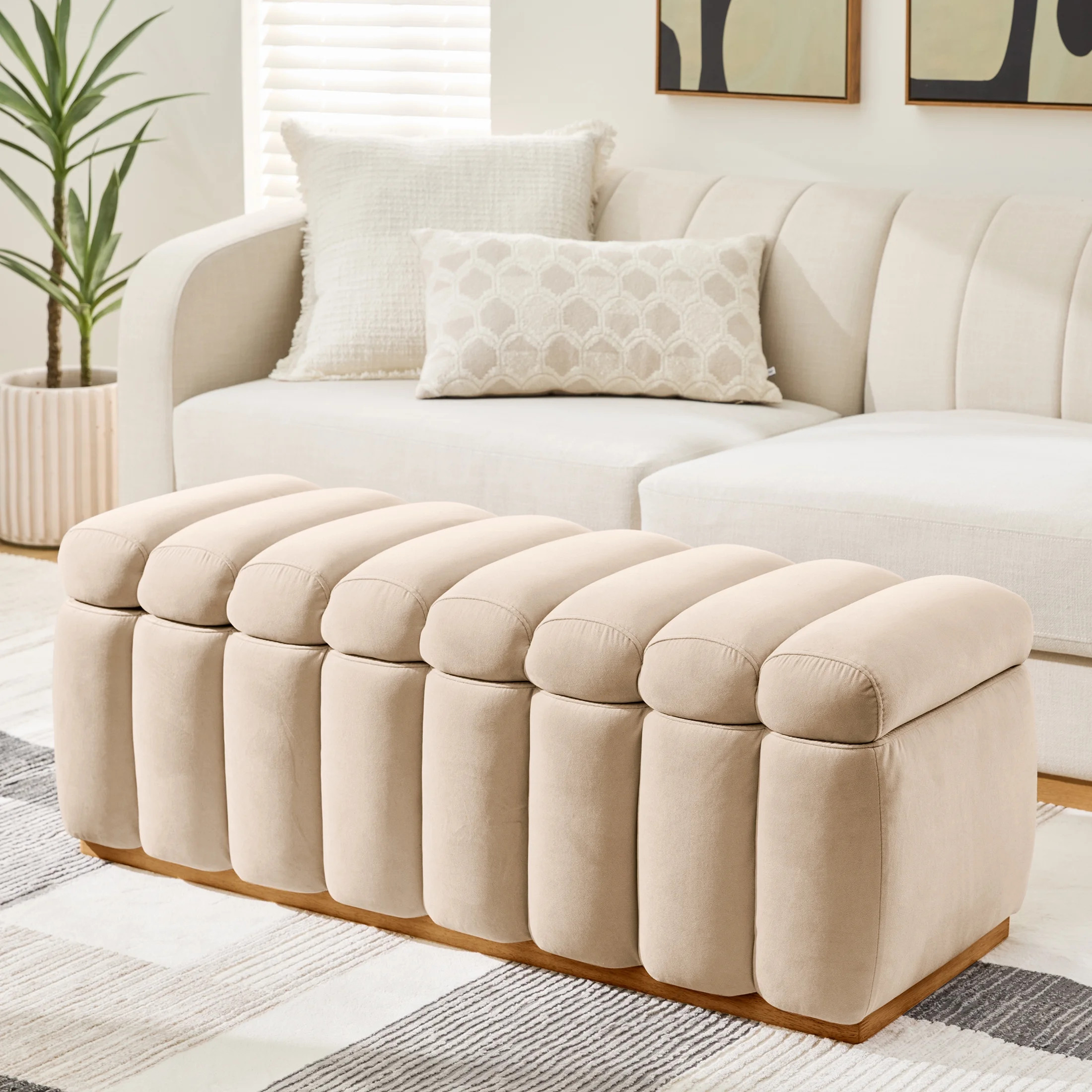 Better Homes & Gardens 47.24" Lillian Channel Tufted Bench, Beige Velvet | Walmart (US)