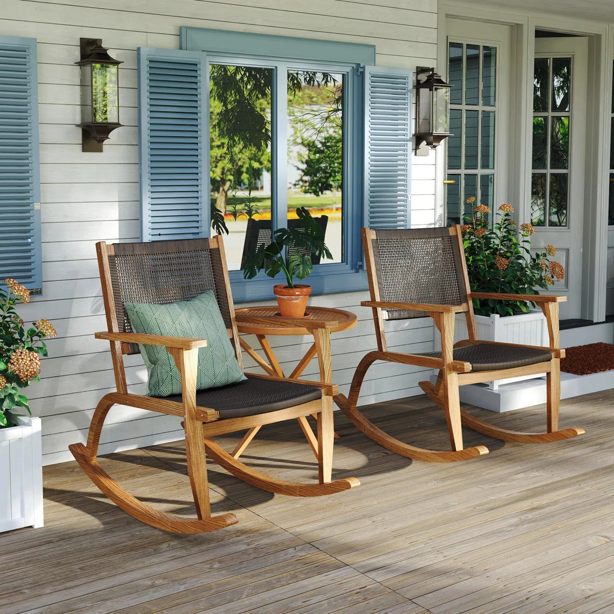 2 Pieces Patio Rocking Chair Set, Acacia Wood Outdoor Rockers With Wicker Rattan Seat & Backrest,... | Wayfair North America