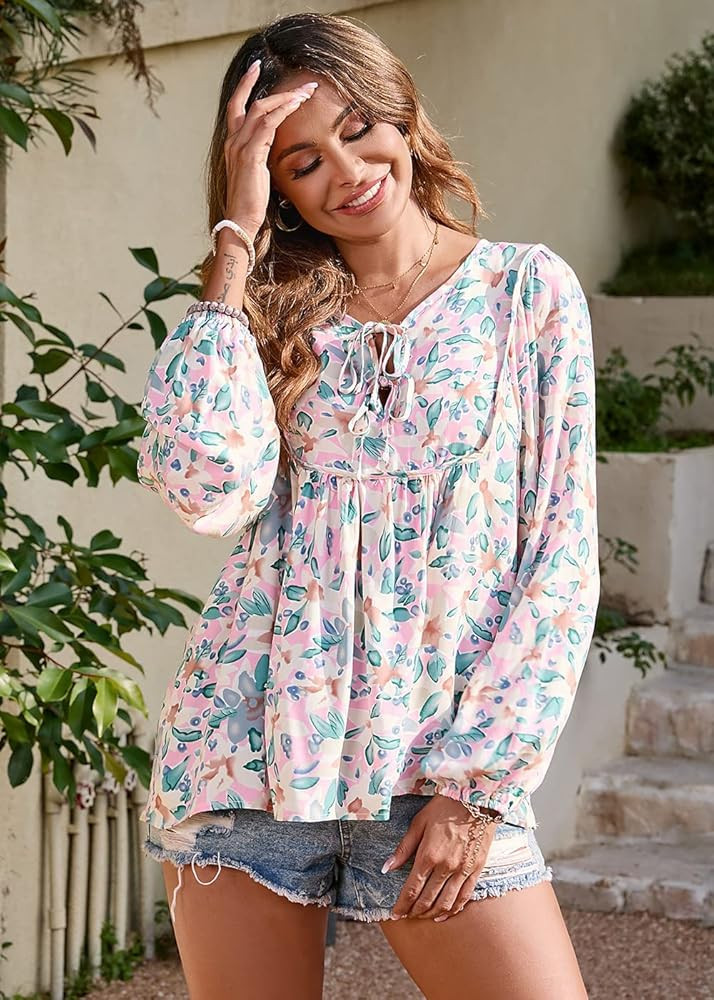 PRETTYGARDEN Women's Floral Ruffled Tunic Blouse Tie V Neck Casual Long Sleeve Babydoll Peplum Tops( | Amazon (US)
