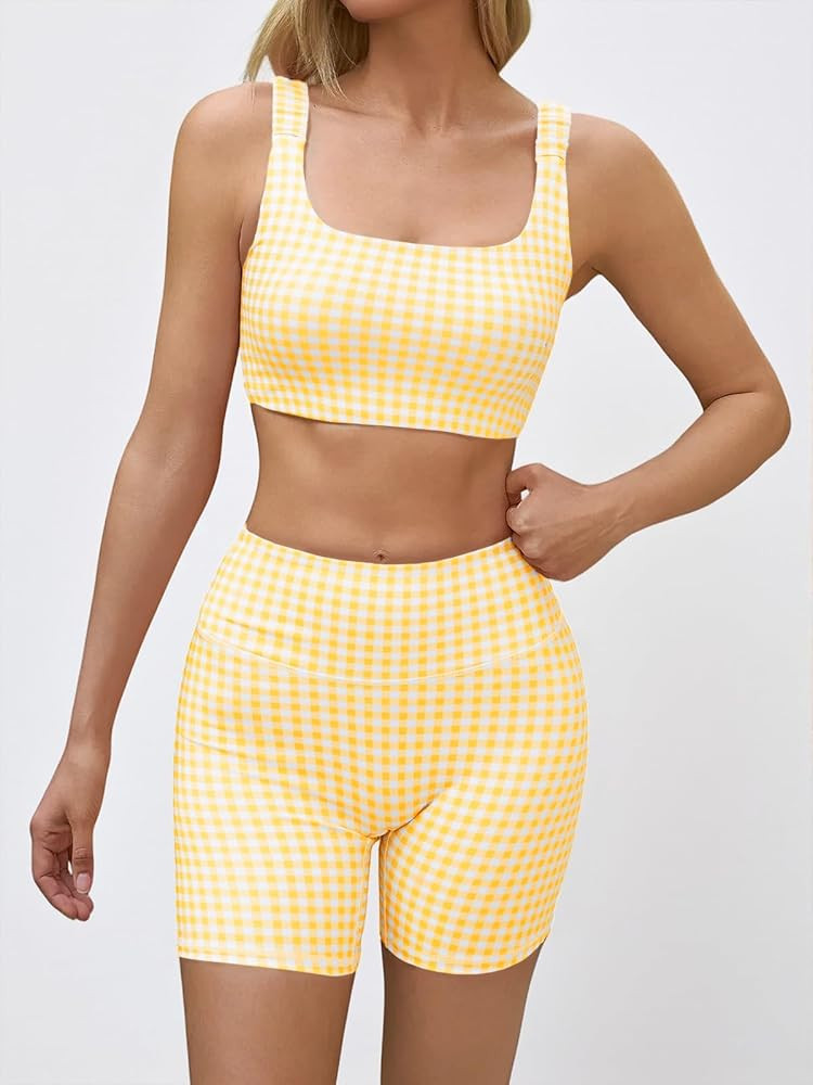 Aoysky Womens Workout Gingham 2 Piece Outfits Padded Open Back Crop Tank High Waist Sports Shorts... | Amazon (US)