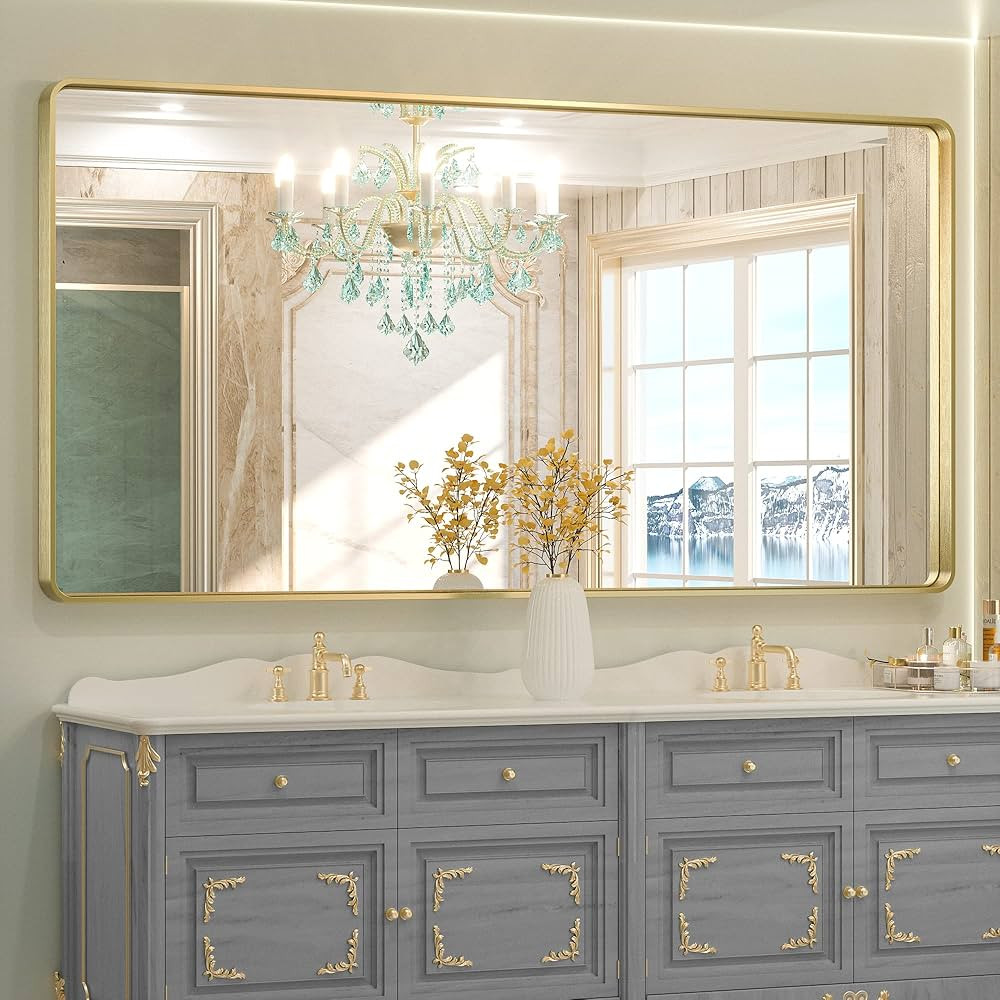 TETOTE 60 x 30 Inch Brushed Gold Bathroom Mirror, Rectangle Metal Frame Brushed Brass Vanity Mirr... | Amazon (US)