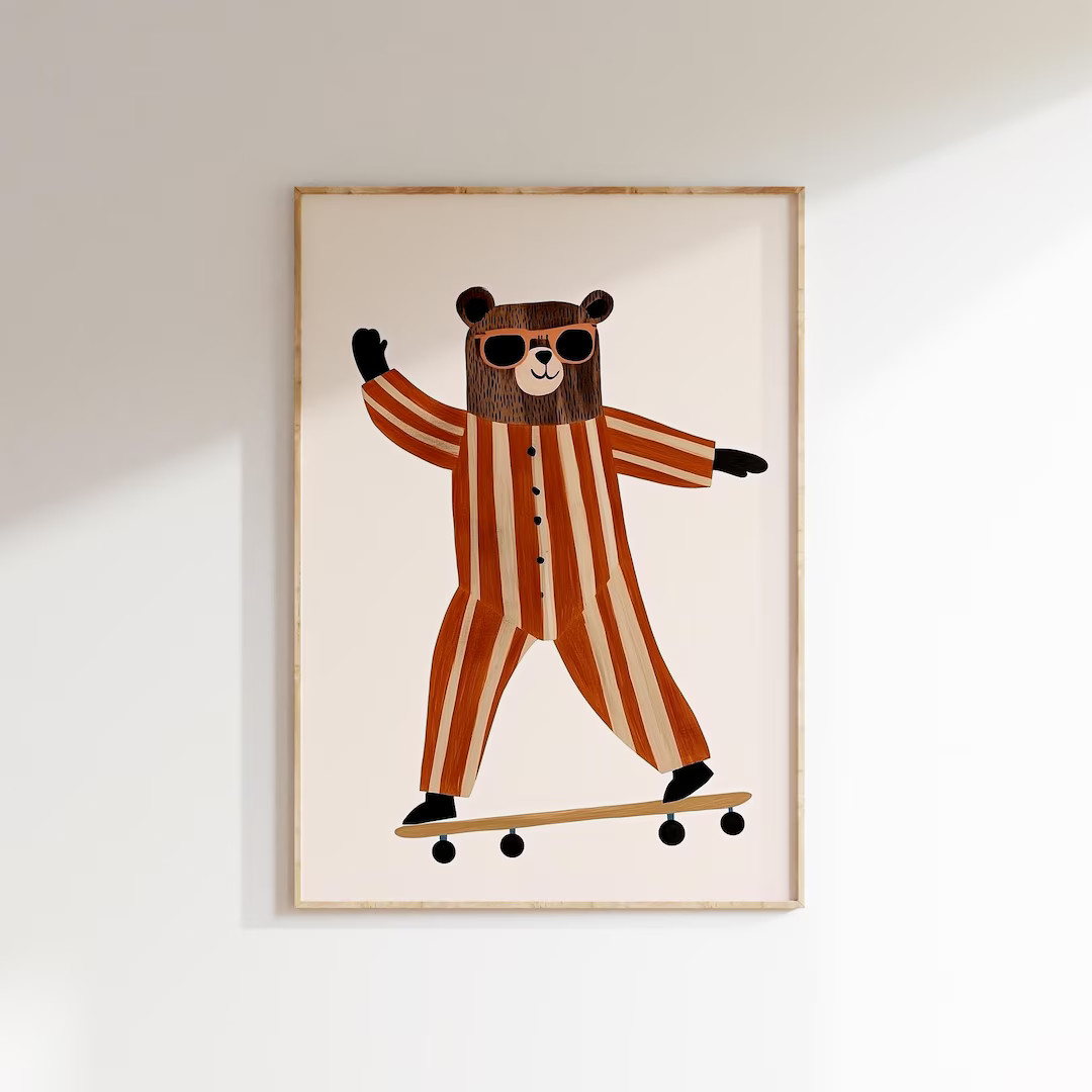 Skateboarding Bear Nursery Wall Art, Whimsical Animal Print for Kids Room, Playful Childrens Deco... | Etsy (US)