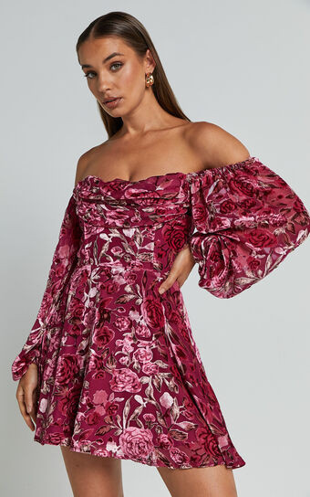 Jessell Mini Dress - Long Sleeve Cowl Corset Dress in Pink Floral Burnout | Showpo (US, UK & Europe)