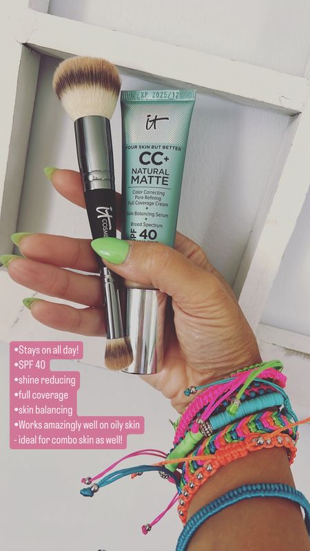 IT Cosmetics CC+ Cream Natural Matte Foundation with SPF 40 is a shine-reducing and color-correcting full-coverage foundation, skin-balancing serum and broad-spectrum sunscreen in one. Ideal for combination and oily skin types.

I’m wearing shade neutral tan. I put it on in the morning and it looked just as good in the early evening. The brush also gives amazing coverage and I loved it as well. Definitely will be using this product a lot this summer!

As far as primers, I always suggest using a primer. If the foundation I’m wearing has SPF, I won’t use a primer with SPF UNLESS I’m at the beach and then I want the extra coverage. I’ve linked the primers I have, use, and love below.

Tarte Primer: very hydrating & smells like a tropical vacation (my mother is in her 70s and uses & loves this, too!)

Smashbox Primer: Blurring & smoothing, when you put it on, you can actually see the blurring effect to minimize pores and fine lines (I have stories about this in my highlights on IG). Makeup glides on smoothly.

IT Cosmetics Sunscreen Primer: Just got this and have worn a couple times. It’s white, so it’s not tinted, so it’s perfect if you want to also take it down your neck to protect your neck. I used this plus the one from Dime Beauty (see below for info/discount code on that) while at the beach as well. This one also did not burn my eyes. Has SPF 40.

Dime Beauty Tinted Wonderscreen: (can’t link here - 20% off code: TAF) they have a tinted AND non-tinted version. The tinted has 2 shades and I wear the middle shade. I also used this at the beach. You can also wear alone for a glowy look. Doesn’t burn eyes, has SPF 30 & 19% zinc oxide. Also is a clean product.

Tula Primer: This one also blurs and has a tinted version - I use shade Magic Hour. You can truly wear these alone if you want to add some color and don’t want a makeup look.
——-


Makeup, full coverage makeup foundation, all over makeup brush, concealer brush, oily skin makeup 

#LTKBeauty #LTKFindsUnder50 #LTKSeasonal