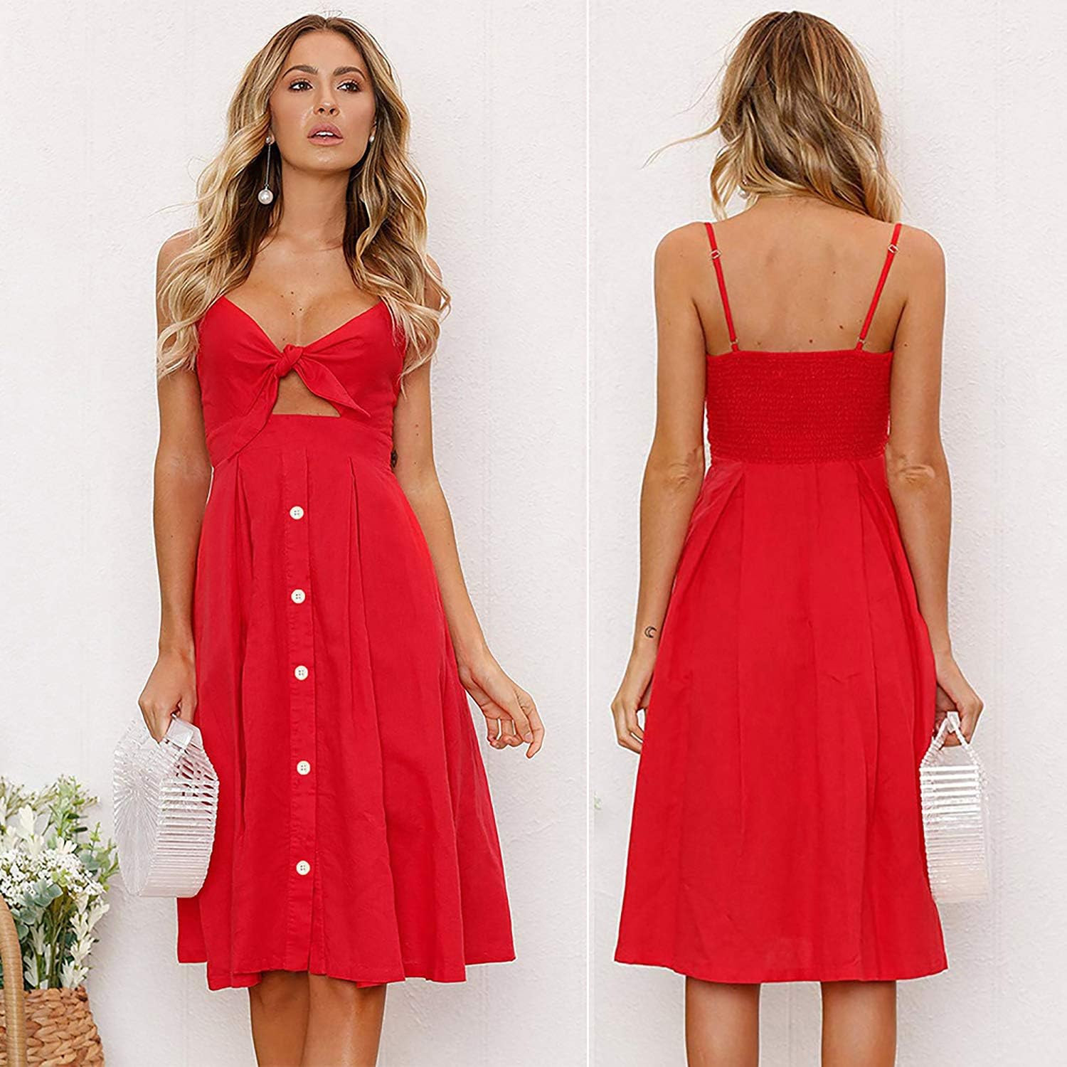 ECOWISH Women Dresses Summer Tie Front V-Neck Spaghetti Strap Button Down A-Line Backless Swing Midi | Amazon (US)