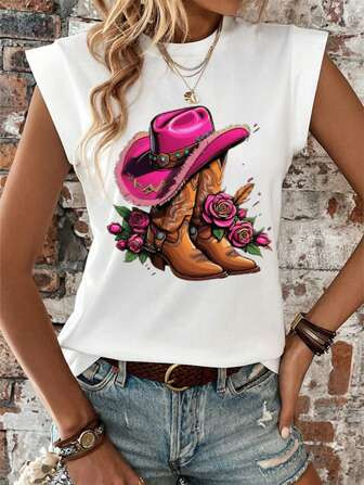 SHEIN EZwear Zomer denim hoed en laars bedrukt los T-shirt met korte mouwen voor dames | SHEIN