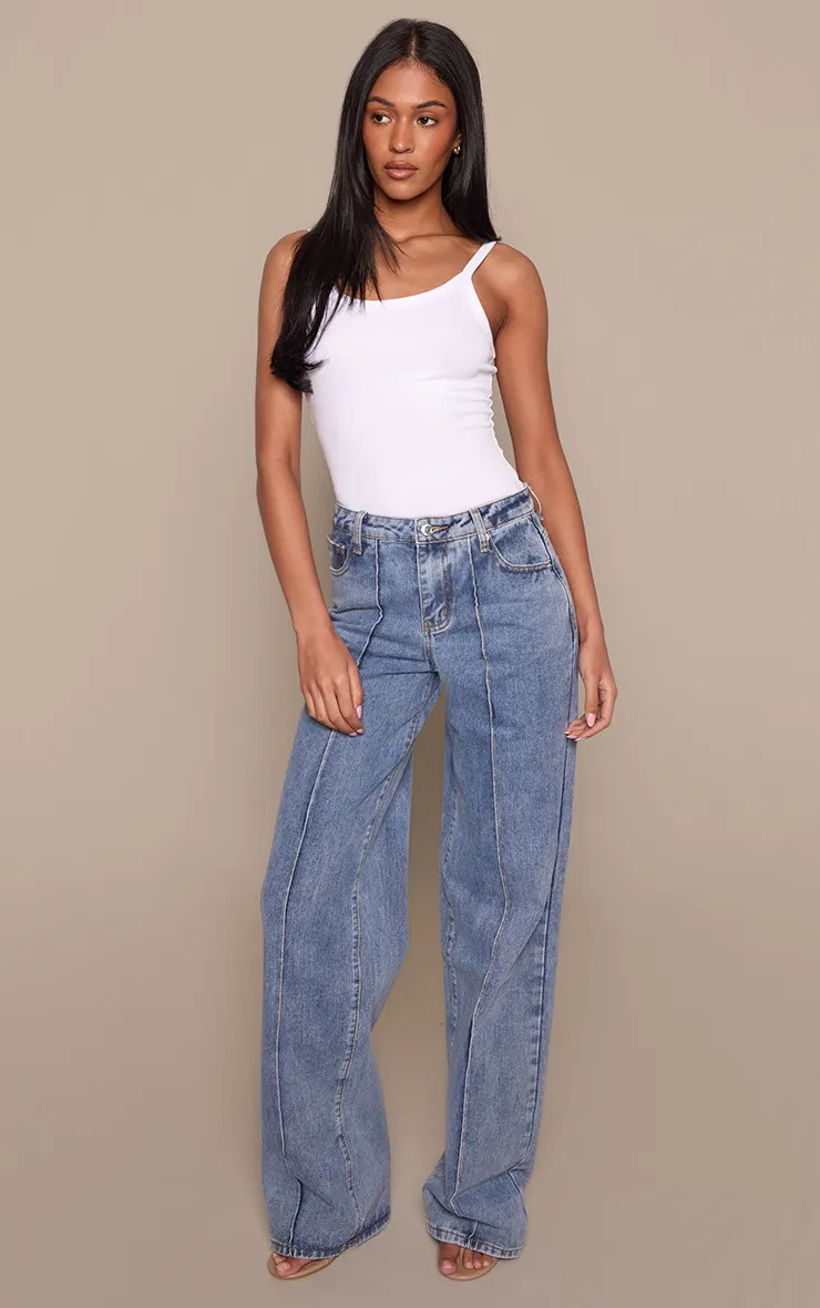 Vintage Mid Wash Tall Vintage Mid Wash Seam Wide Leg Jeans | PrettyLittleThing | PrettyLittleThing UK
