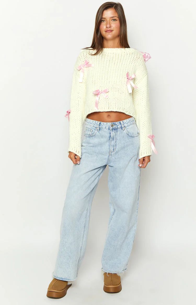 Sweetheart Stitch Bow White Sweater | Beginning Boutique (US)