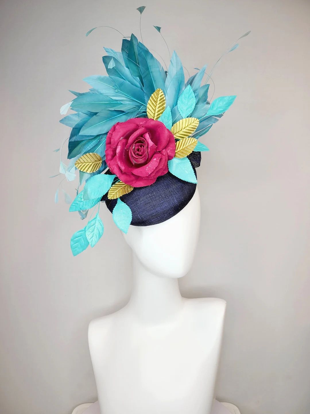 kentucky derby hat fascinator navy blue sinamay with teal blue feathers magenta burgundy painted ... | Etsy (US)