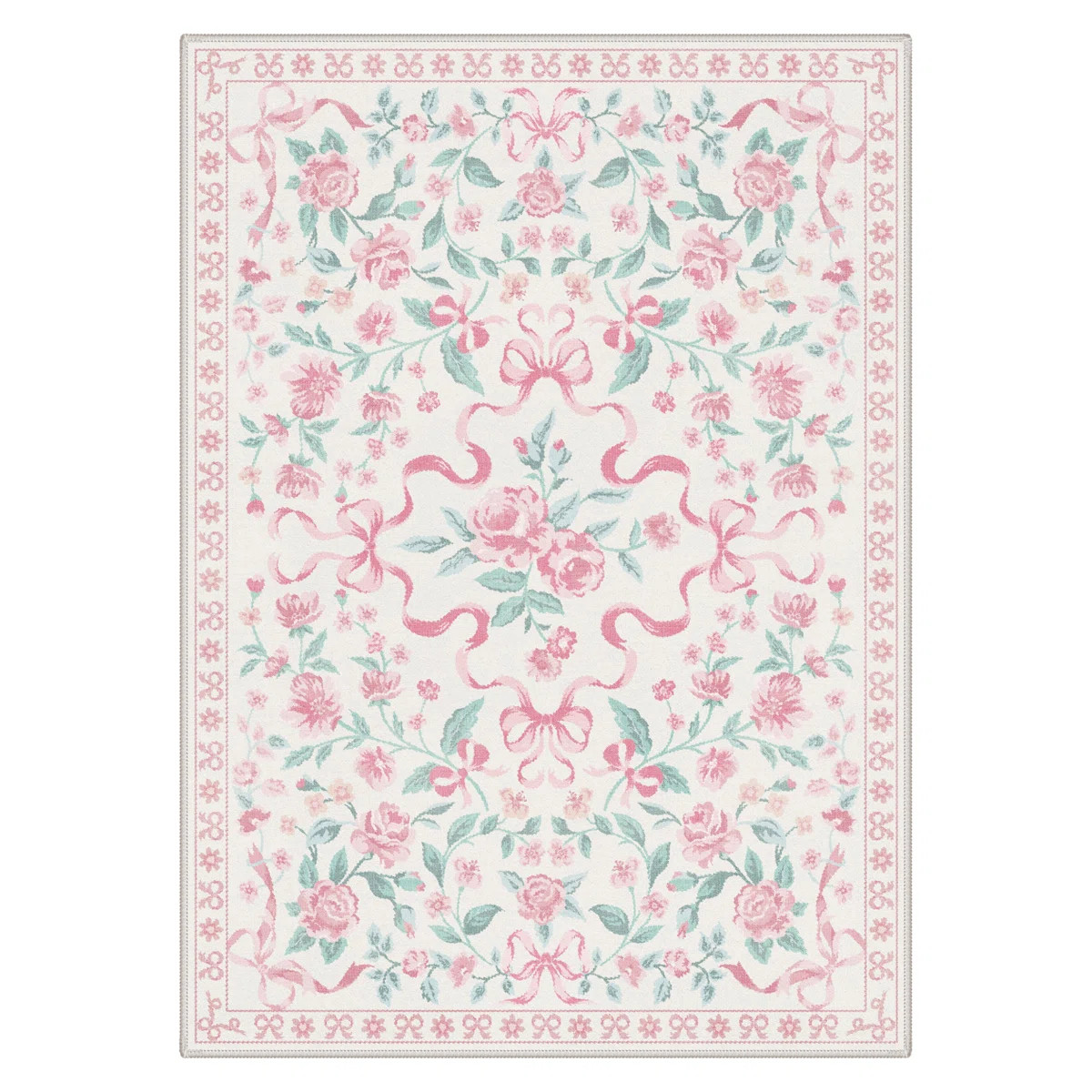 Rosette & Bow Area Rug, French Country Floral Ribbon Pattern, Aesthetic Soft Pink Machine Washabl... | Wayfair North America
