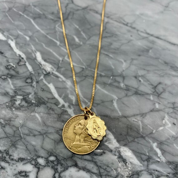 France Vintage Coin & Mary Gold Filled Necklace | Etsy (US)