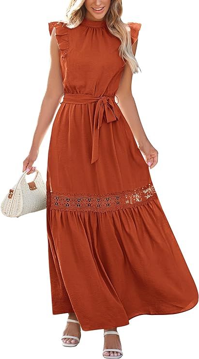 PRETTYGARDEN Women's 2024 Summer Boho Maxi Dress Cap Sleeve Belted Long Flowy Beach Sundress | Amazon (US)