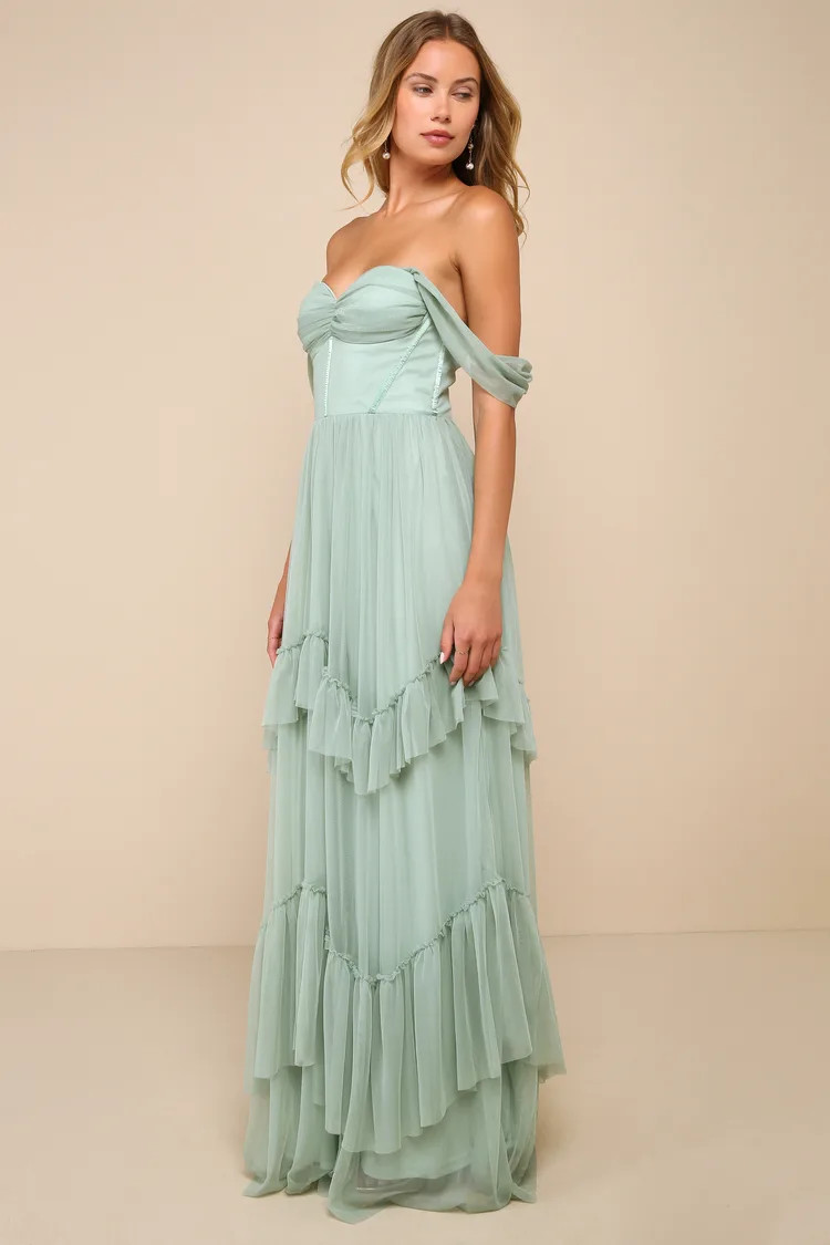 Stunning Personality Sage Green Mesh Off-the-Shoulder Maxi Dress | Lulus
