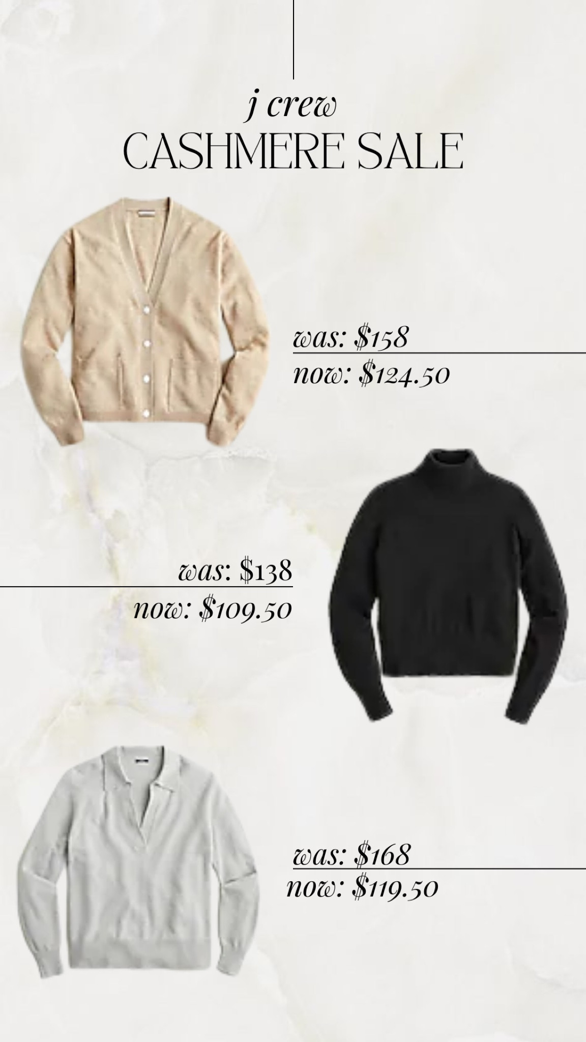 End of season cashmere event is happening at J Crew! Now is the best time to invest I. Your wardrobe for a piece that will last for years and make you feel wrapped in luxury.  Linking all of my favorites a part of the sale with my top three shown in the graphic. J Crew fits very true to size, I’m typically a size 10 and wear a true medium. These also make great gifts for the holidays and can be worn for both workwear and weekend!





#LTKsalealert #LTKHoliday #LTKSeasonal